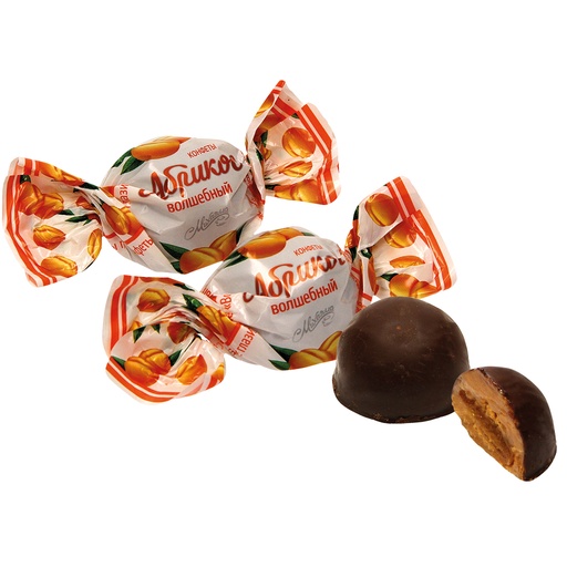 Fondantconfiserie met gedroogde abrikoos "Volschebnij abrikos" in cacaohoudende vetglazuur