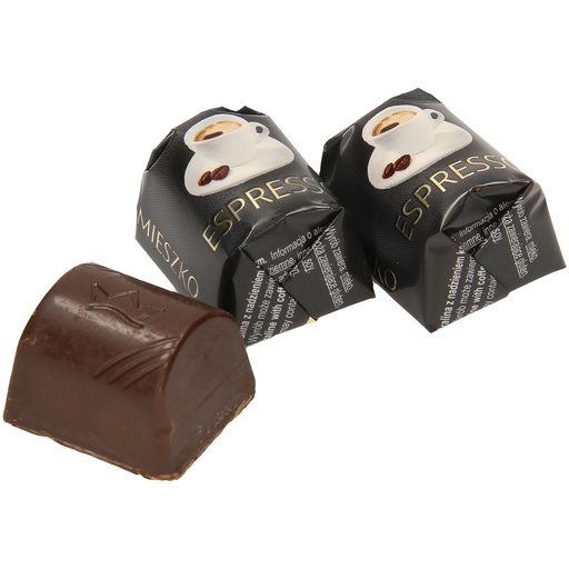 Pralines "Espresso" met koffievulling. Chocolade bevat naast