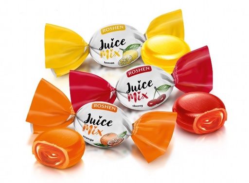 Gevulde harde karamelmix "Juice Mix" met verschillende smaken (sinaasappel, citroen, kers). Vulling 18%.