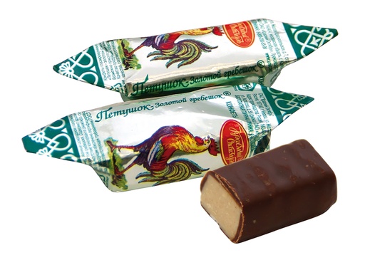 Chocoladesnoep "Petuschok zolotoj grebeshok" met pinda's