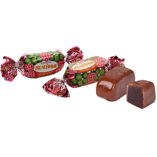 Gelei-confect met frambozensmaak in cacaohoudende vetglazuur