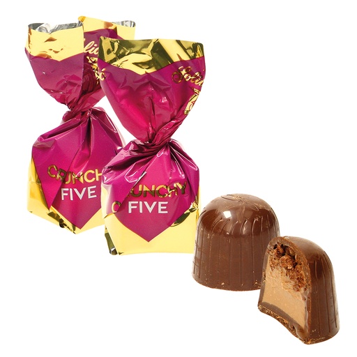 Pralines "CRUNCHY FIVE" met 3% Crisps & 43% Cream met hazeln