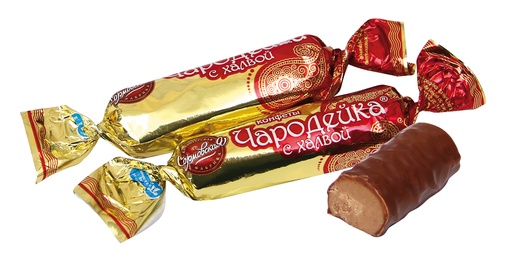 Praline-repen "Charodejka" met zonnebloemhalva in cacaohoudende vetglazuur