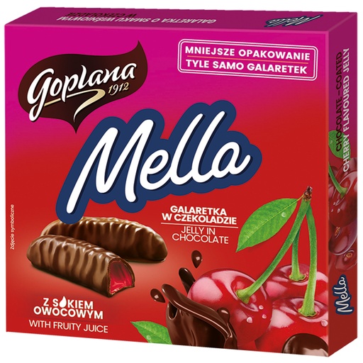 Geleekonfekt "Mella" met kersensmaak omhuld met chocolade.