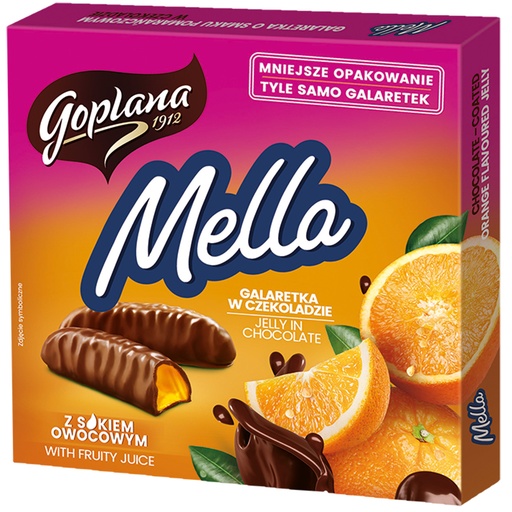 Geleekonfekt "Mella" met sinaasappelsmaak omhuld met chocola
