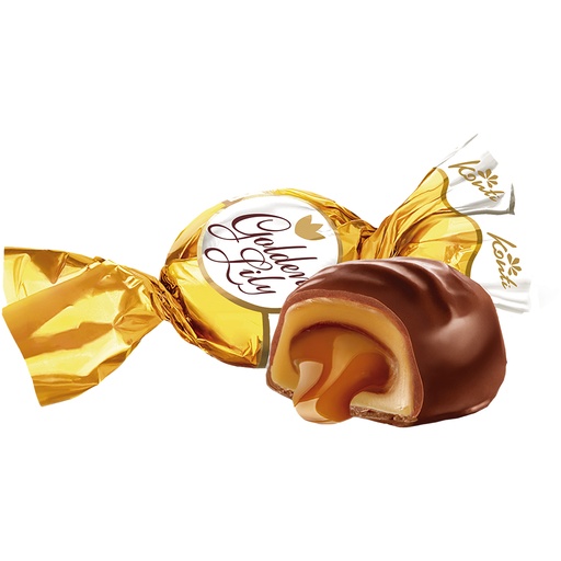 Toffikonfekt "Gouden Lelie" met een vulling met melk smaak (22,1%) in cacaohoudende vetglazuur (21%)