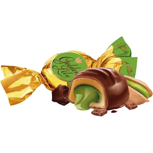 Toffikonfekt "Gouden Lelie" met een vulling met pistache-smaak in cacaohoudende vetglazuur