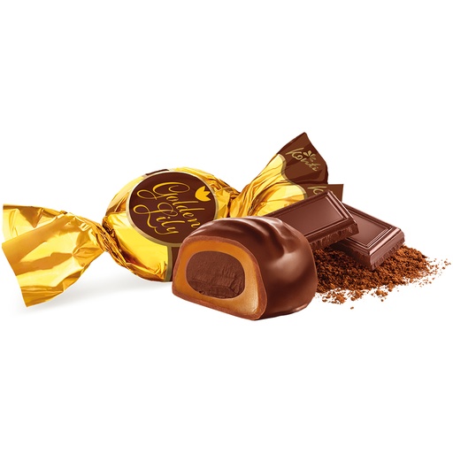Toffikonfekt "Gouden Lelie" met een vulling met chocoladesmaak (21,8%) in chocoladeachtige vetglazuur (22%)