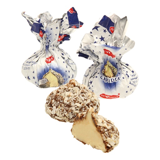 "Clepsidra" Confekt met pinda's, in cacao-vetglazuur, bestrooid met kokosrasp.