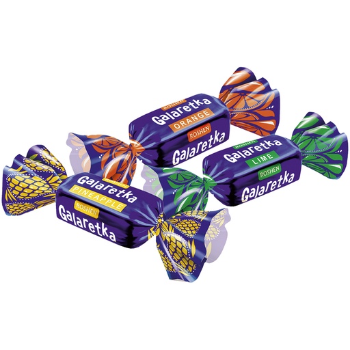 "Galaretka" Gelee-confituur-mix in de smaken Sinaasappel, Limoen en Ananas, in cacao-houdende vetglazuur (20%)