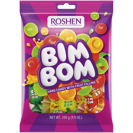 "Bim-Bom" Gevulde harde karamelmix in verschillende smaken (bosaardbei, ananas, peer, fruit-kaneelsmaak). Vulling 18%.