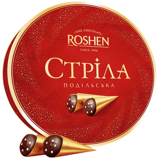 "STRELA PODOLSKA" Confiserie van chocolade met een zachte karamelvulling met melk smaak (62%). Bevat alcohol.