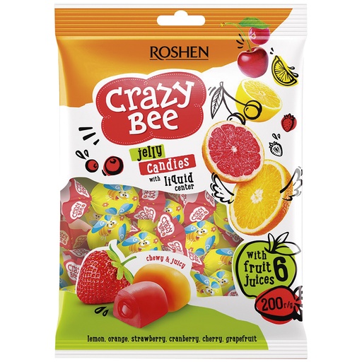 "Crazy Bee Fruity" Geleekonfekt-mix met vulling (12%) in smaken: Aardbei, Bosbes, Zure kers, Grapefruit, Citroen, Sinaasappel.