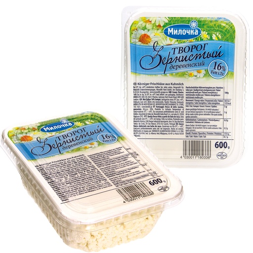 Kruimelige verse kaas "Tvorog derevenskij" 16% vet i.Tr.