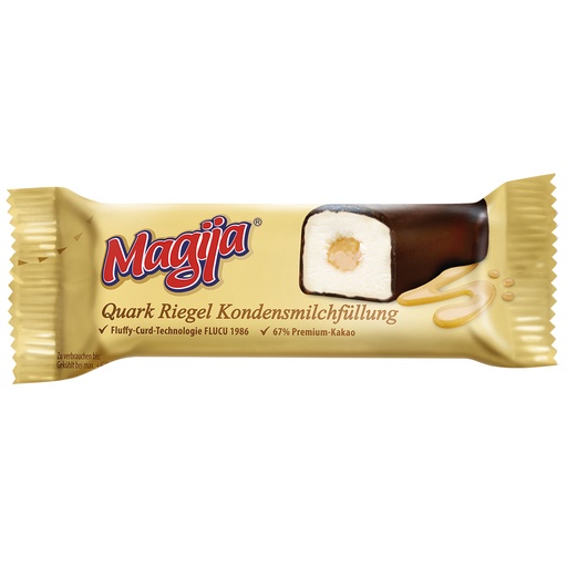 Magere kwarkbereiding met gecondenseerde melkvulling, omhuld met chocolade