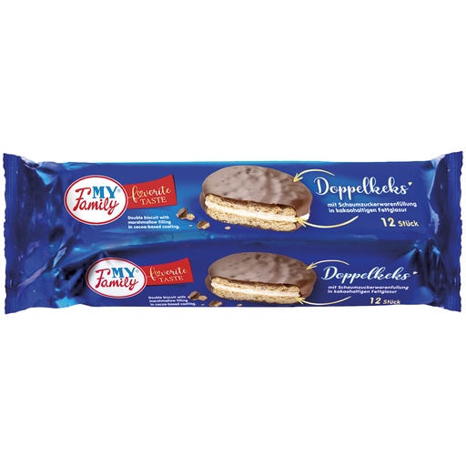 "MIJN FAMILIE" Doppelkeks met schuimzoetwarenvulling in cacaohoudende vetglazuur