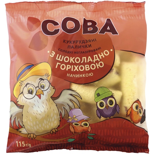 Maïs-snackproduct - zoete maïsstokjes "Uil" gevuld met cacao