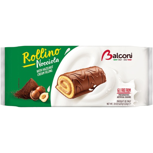 Kleine gebakrolletjes "Rollino Hazelnut" met cacao-vetglaz.