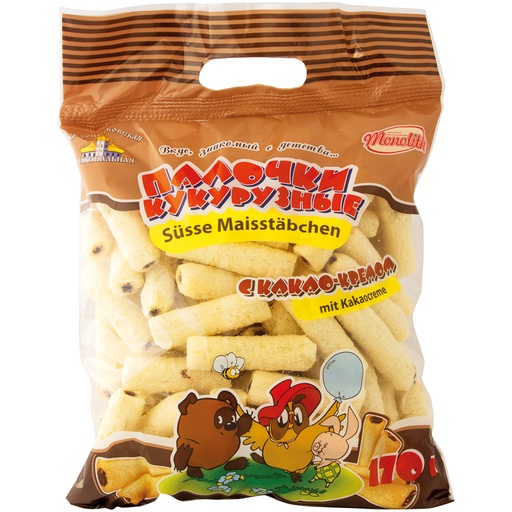 Maïs snackproduct zoete maïssticks met chocoladeslagroom