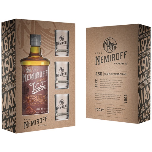 Водка "Nemiroff Honig-Peperoni" в подарочной коробке с 3 рюмками, 40 % алк.