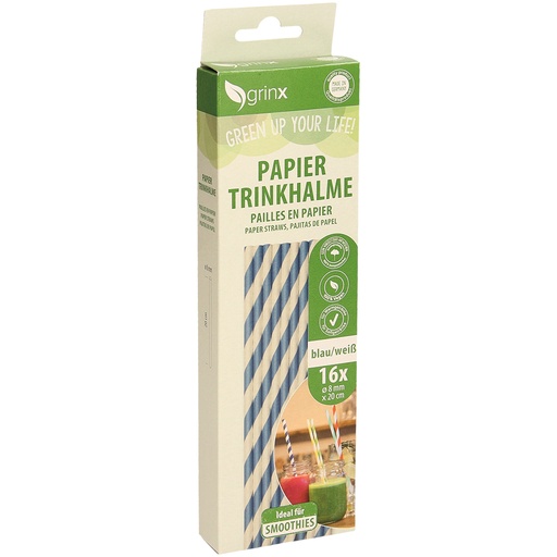 Papieren drinkrietjes, 16 stuks, blauw/wit, d=8mm, L=20cm