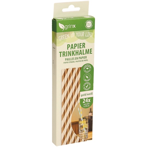 Papieren drinkrietjes, 24 stuks, goud/wit, d=6mm, L=20cm