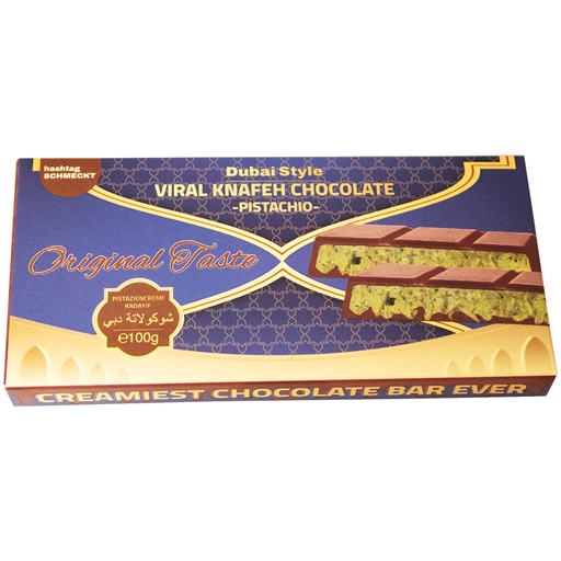 Melkchocolade met pistachenootcrème en künefa-vulling