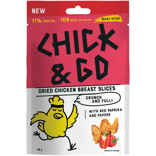 "CHICK & GO" Gedroogde kipfiletschijfjes met paprika (0,01%) en peper (0,001%).