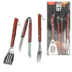 3-delige barbecueset, roestvrij staal, met houten handgrepen