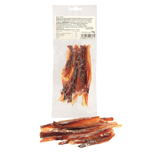 Snacks van karper (Cyprinus carpio) in repen, gezouten en ge