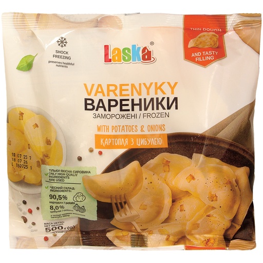 "Vareniki" deegwaren met 50% aardappel- en uienvulling, diep