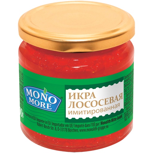 "MONO MORE" Laxkaviar-imitaat van visbouillon en alginaatomh