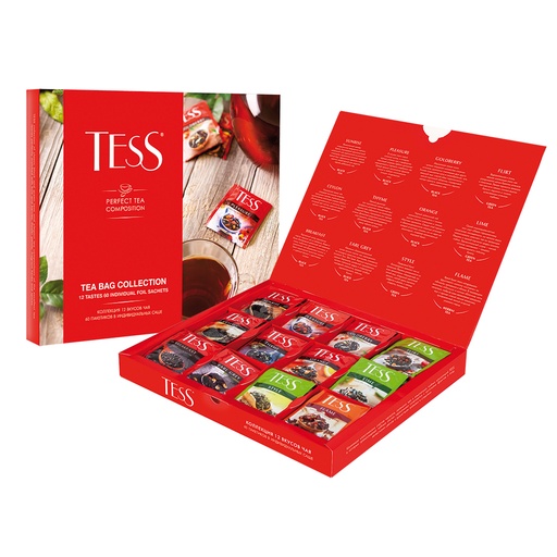 Mengsel van thee, gearomatiseerde thee en fruitthee "Tess", 12 soorten in theezakjes