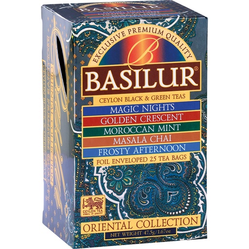 Theemelange van 5 soorten Zwarte en Groene Thee "Basilur Oriental Collection", 25 theezakjes