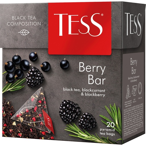Zwarte Thee "Tess Berry Bar", gearomatiseerd - Braam en zwarte bessen, met rozemarijn, braamblaadjes en zwarte bessenbladeren, in pyramide-theezakjes