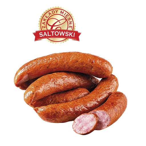 Grobe Brühworst van varkensvlees "Slaska" van Poolse aard, met soja-eiwit, met aroma, bevat toegevoegd water, gerookt, in natuurlijke darm.
