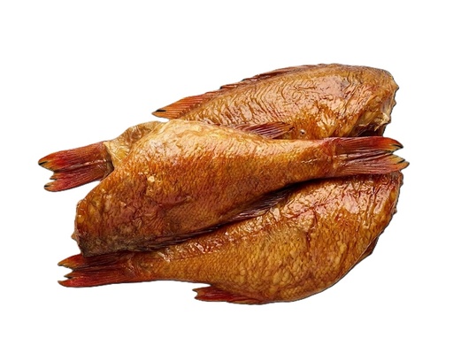 Roodbaars, zonder kop, schoongemaakt, gezouten en heet gerookt