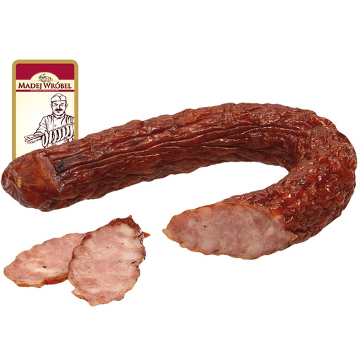 Grove hamworst met jeneverbes, gezouten, gerookt, gedroogd. Met rookaroma. Met varkensbindweefsel-eiwit.