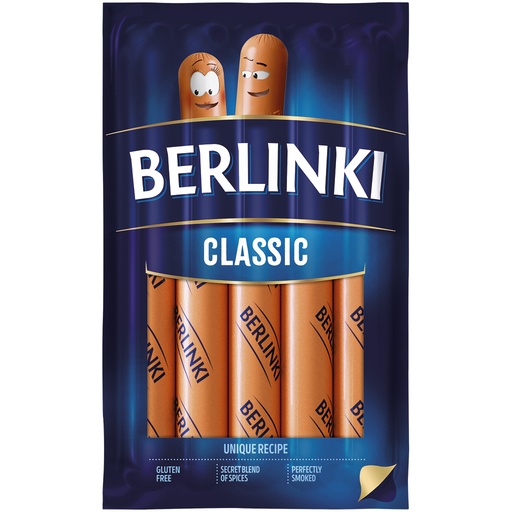 "BERLINKI" Worstjes van varkens- en kippenvlees, gerookt, geblancheerd. Met toevoeging van dierlijk eiwit (varken).