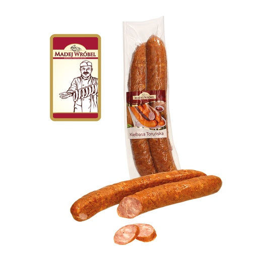Gerookte braadworst van varkensvlees, met kalkoenvlees, middelgrof, op Thorner wijze, met soja-eiwit "Kielbasa torunska"