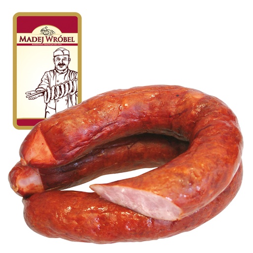 Вареная колбаса из свинного мяса среднего помола, копченая,