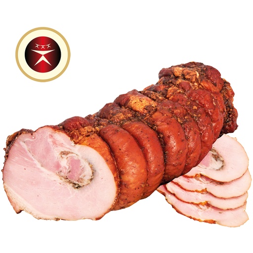 Varkensvleesrol met knoflook, gezouten, gekruid en gegaard, met soja-eiwit, gearomatiseerd