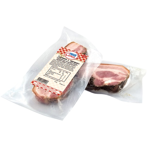 Varkensbuik met grove peper, gezouten, gekookt en gerookt