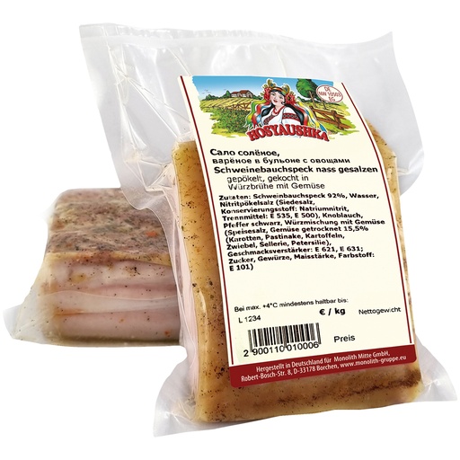 Hosyaushka varkensbuikvet nat gezouten, gepekeld, gekookt