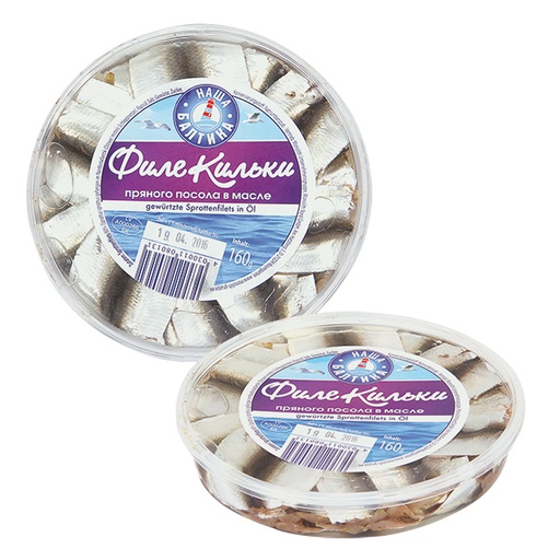 Gekruide sprottenfilets (Sprattus sprattus) in olie.