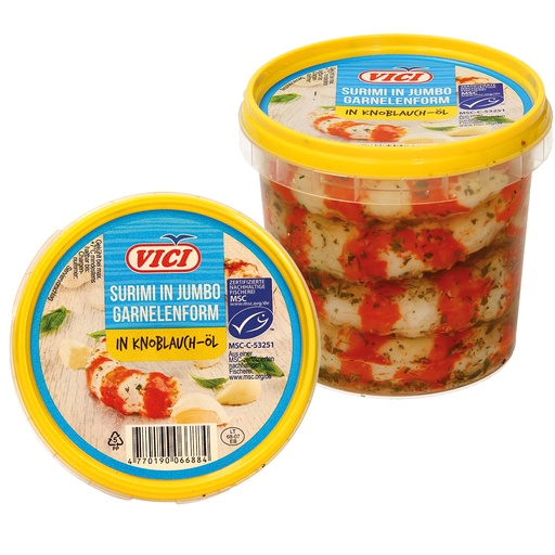 Imitatiegarnalen uit surimi gevormd, in knoflookolie