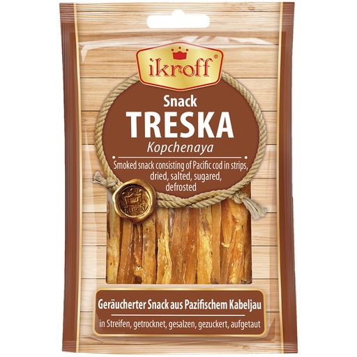 IKROFF Gerookte snack van Pacifische kabeljauw in reepjes, gedroogd, gezouten, gezoet, ontdooid.