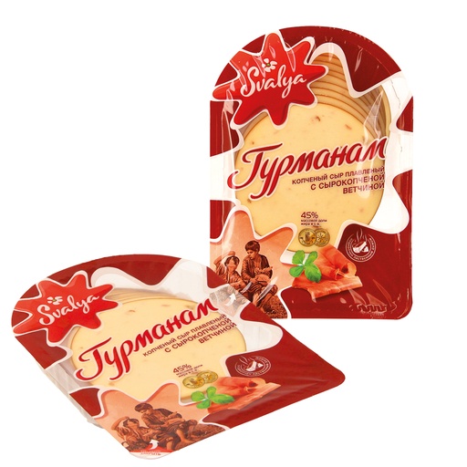 Копченый плавленый сыр с сырокопченой ветчиной, нарезка, 45%