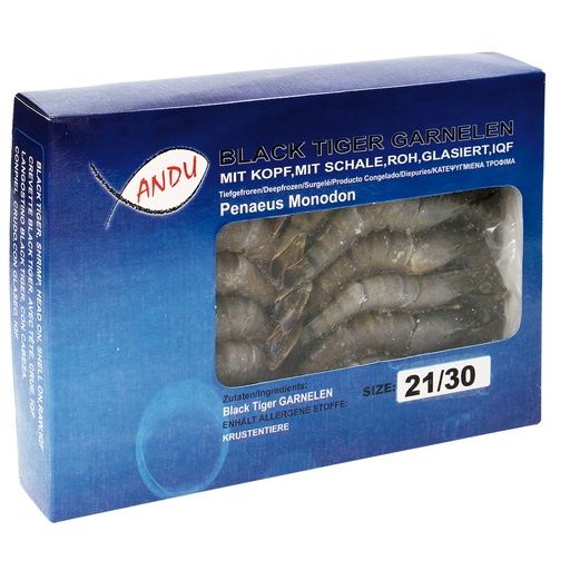 Black tiger garnalen met kop en schil, rauw, geglazuurd, 21/