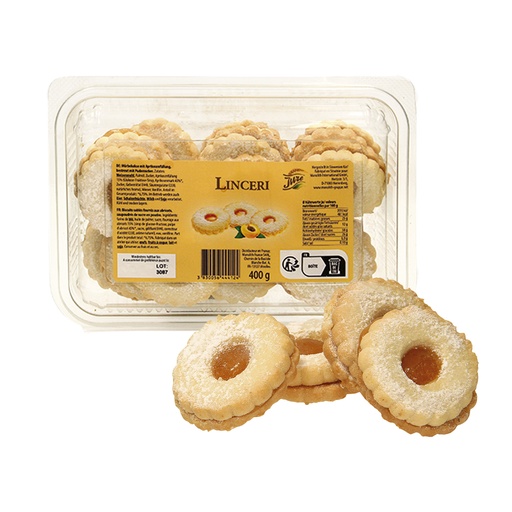 "Linceri" Mürrebiscuit met abrikozenvulling, bestrooid met p